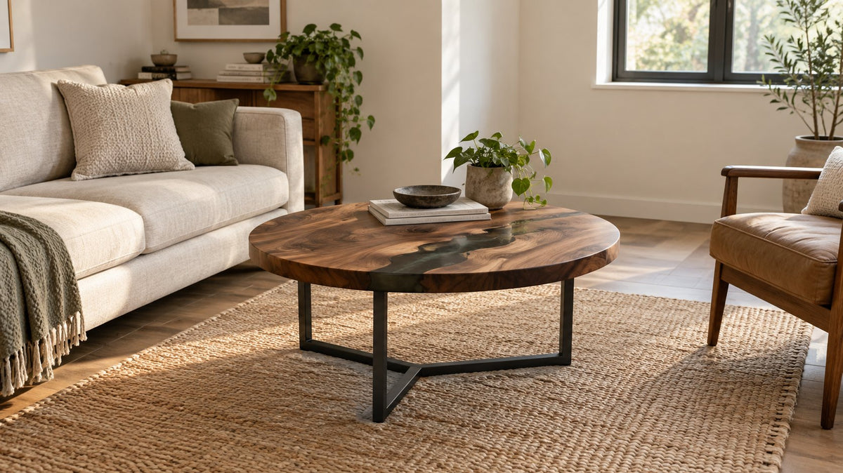 Round walnut and smoky black epoxy coffee table in a compact neutral living room