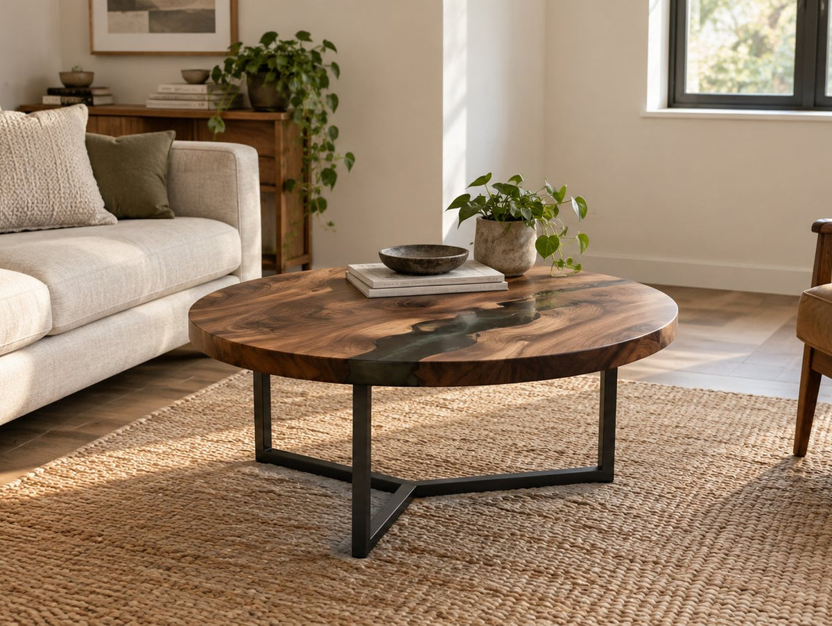 Round walnut and smoky black epoxy coffee table in a compact neutral living room