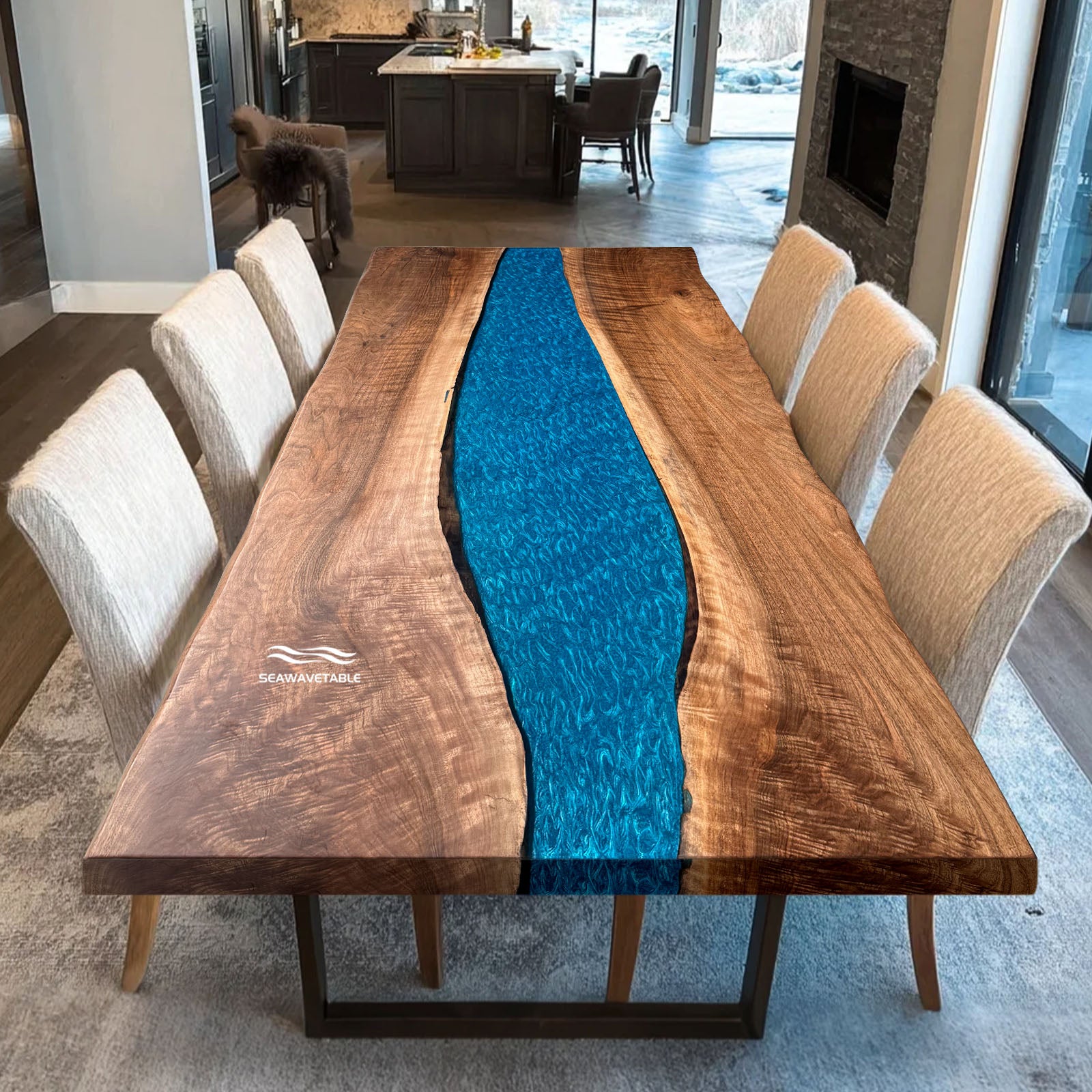Custom black walnut kitchen LED epoxy resin river table with live edge wood design