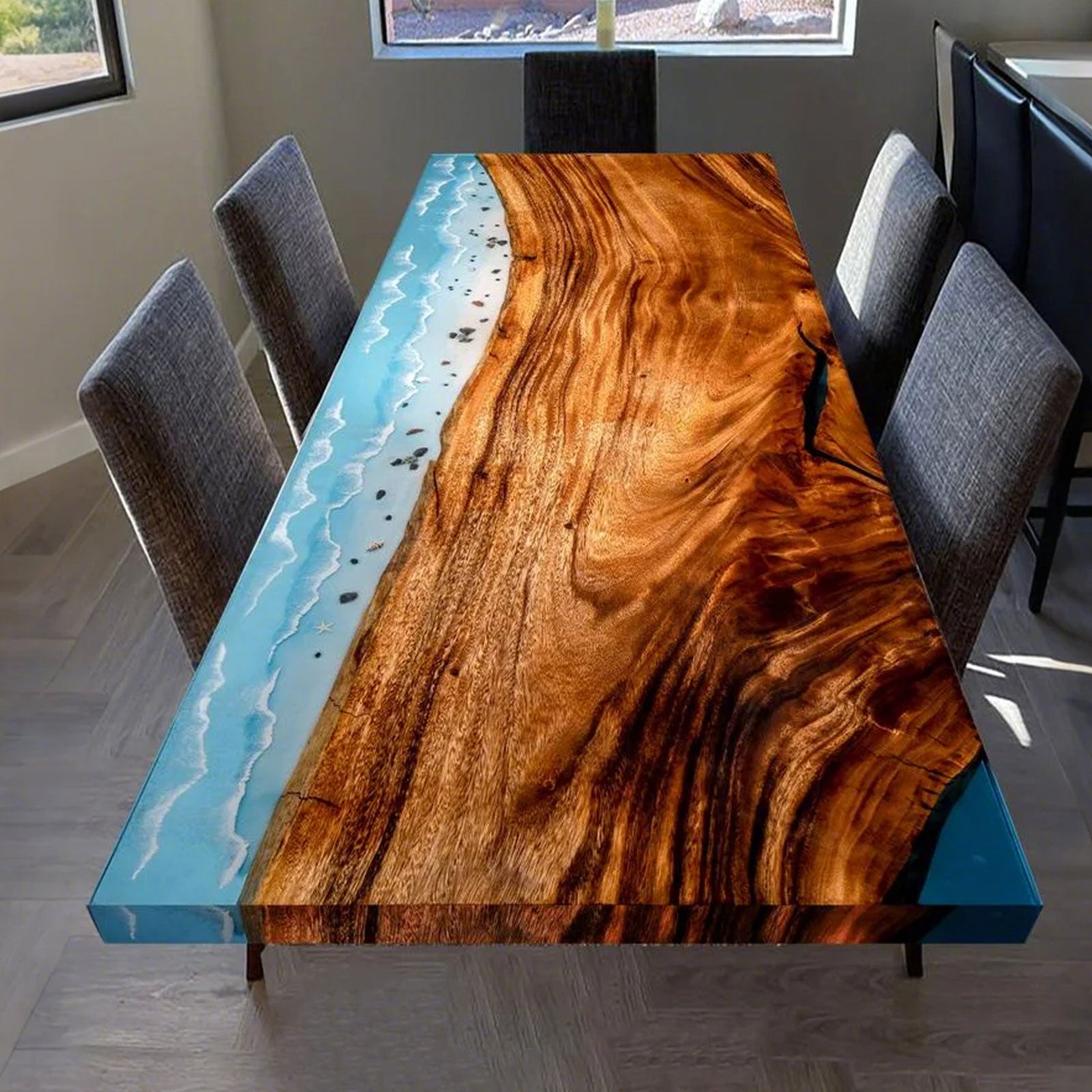 Myluxurytable Walnut Blue Wave Epoxy Dining Table MLT-047