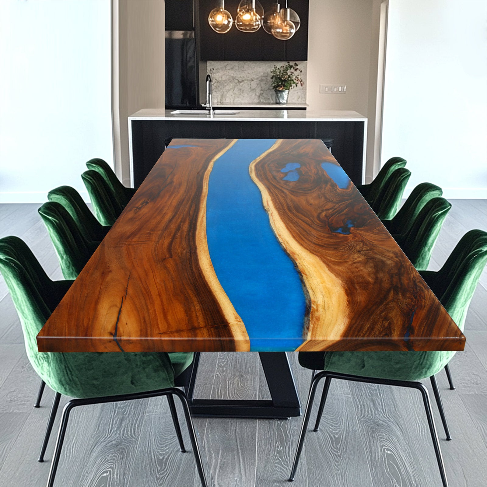 Myluxurytable Walnut Dark Blue Epoxy River Table MLT-009