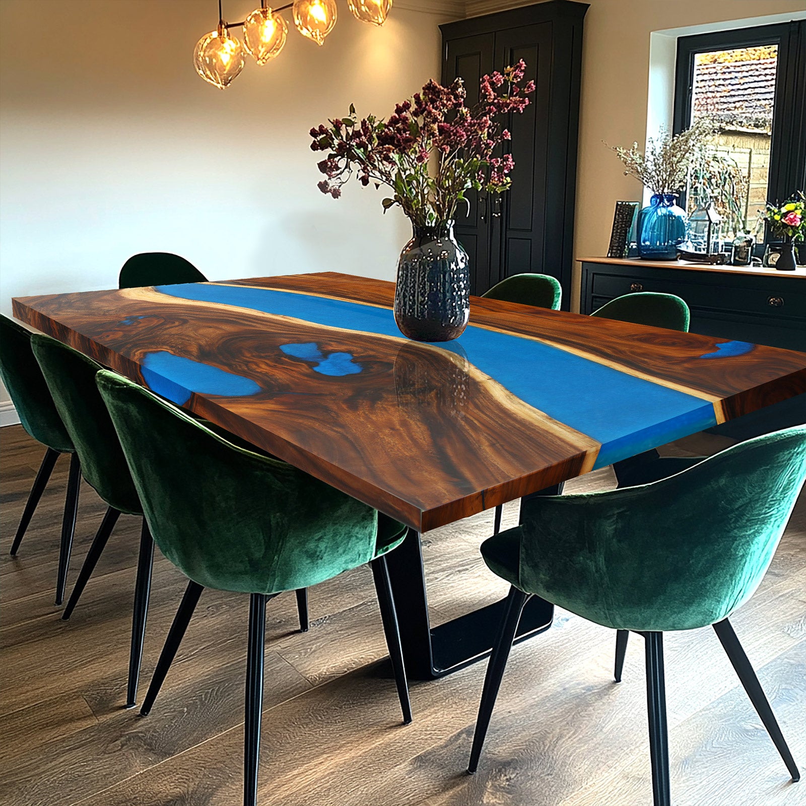 Myluxurytable Walnut Dark Blue Epoxy River Table MLT-009