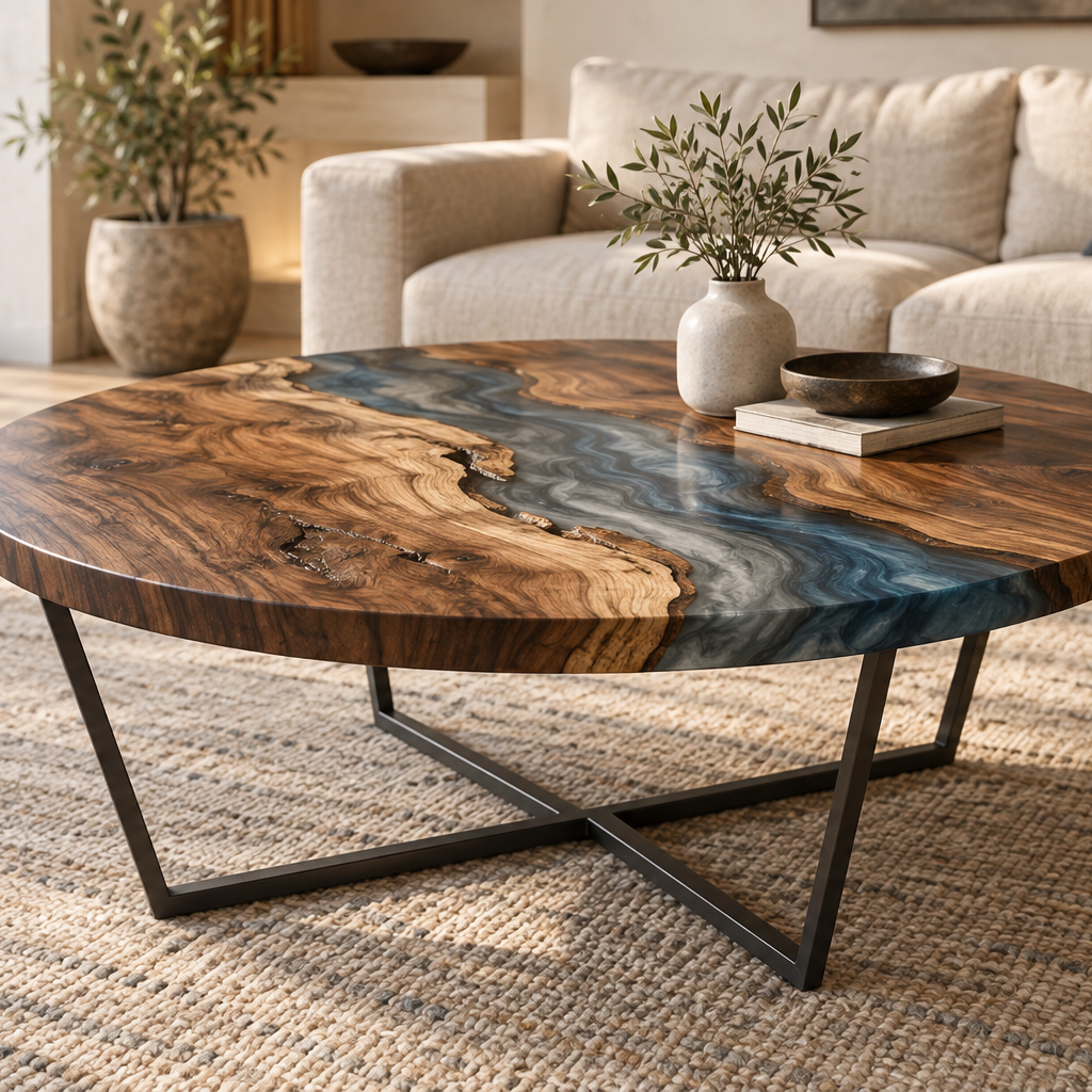 Walnut and smoke-blue epoxy round coffee table in a refined living room