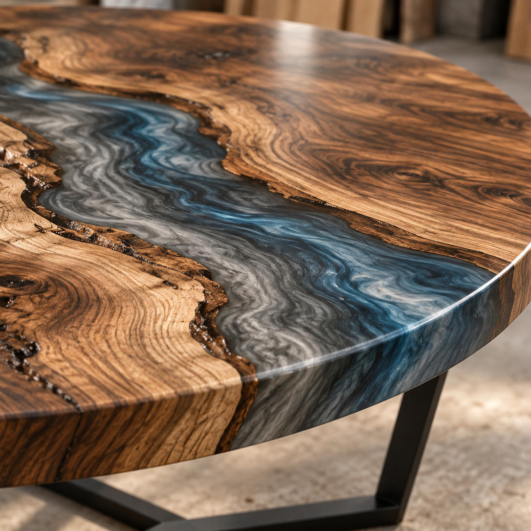 Close-up of walnut grain and smoke-blue epoxy river detail