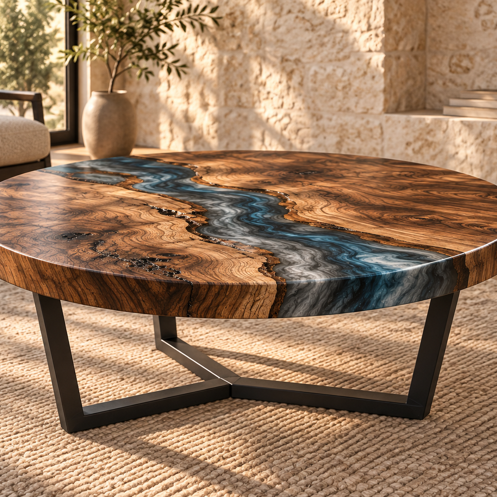 Alternate low-angle view of the walnut and epoxy round coffee table