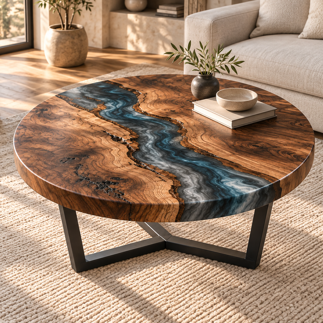 Elevated lifestyle view of the walnut and epoxy coffee table