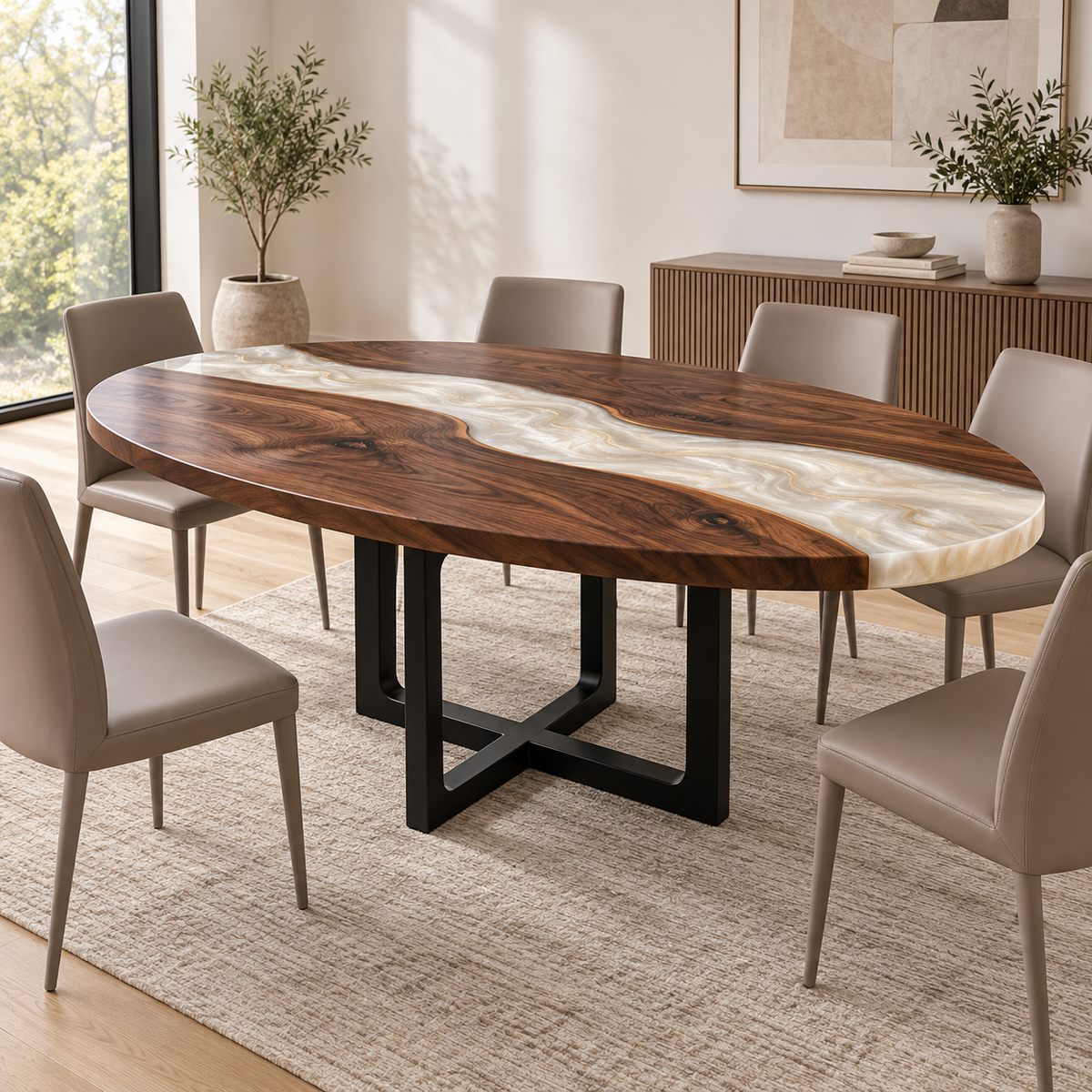 Walnut pearl white epoxy oval conference table MLT-AI-002 featured view