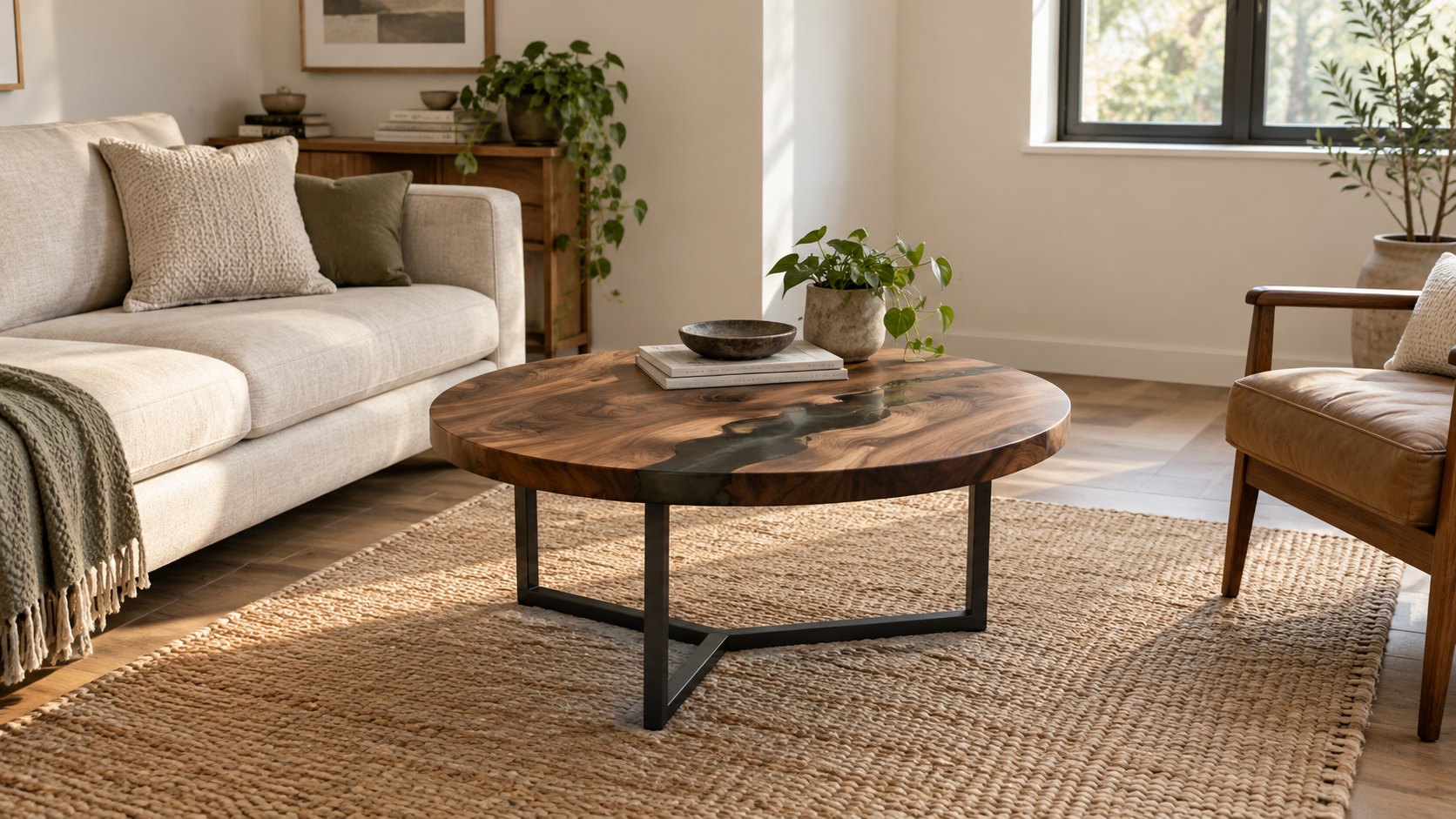 Round walnut and smoky black epoxy coffee table in a compact neutral living room