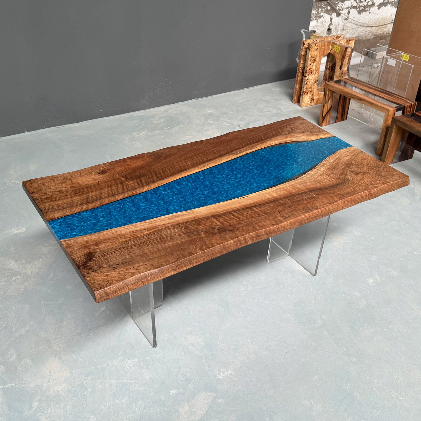 Handcrafted LED epoxy resin dining table made from solid black walnut