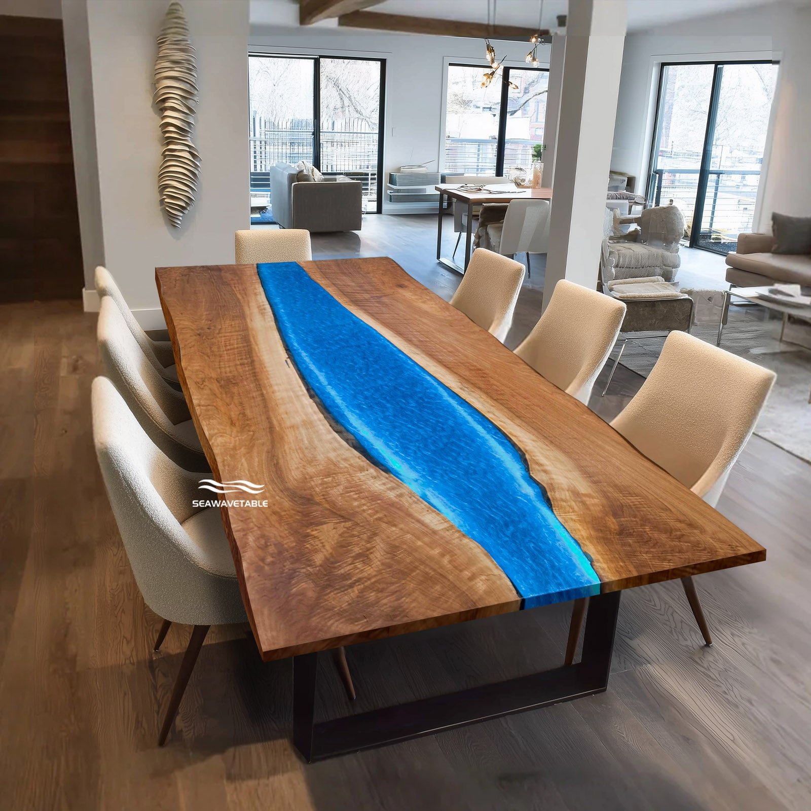 Unique epoxy resin river dining table with walnut live edge and LEDs