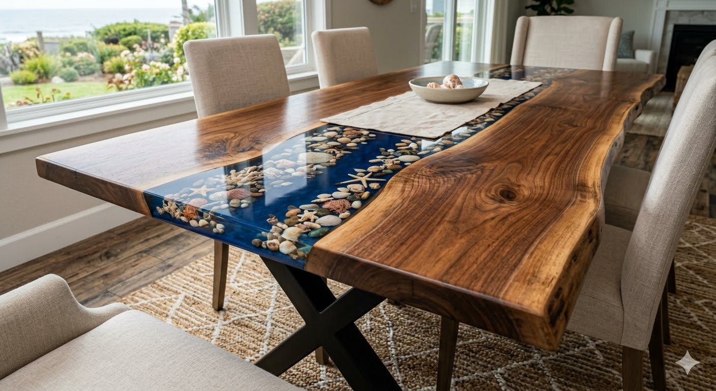 Custom epoxy resin river table with ocean atmosphere