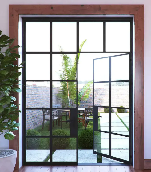 Modern black steel interior French double door with 10-lite clear glass, square top design, handcrafted heavy-duty steel frame for home interior