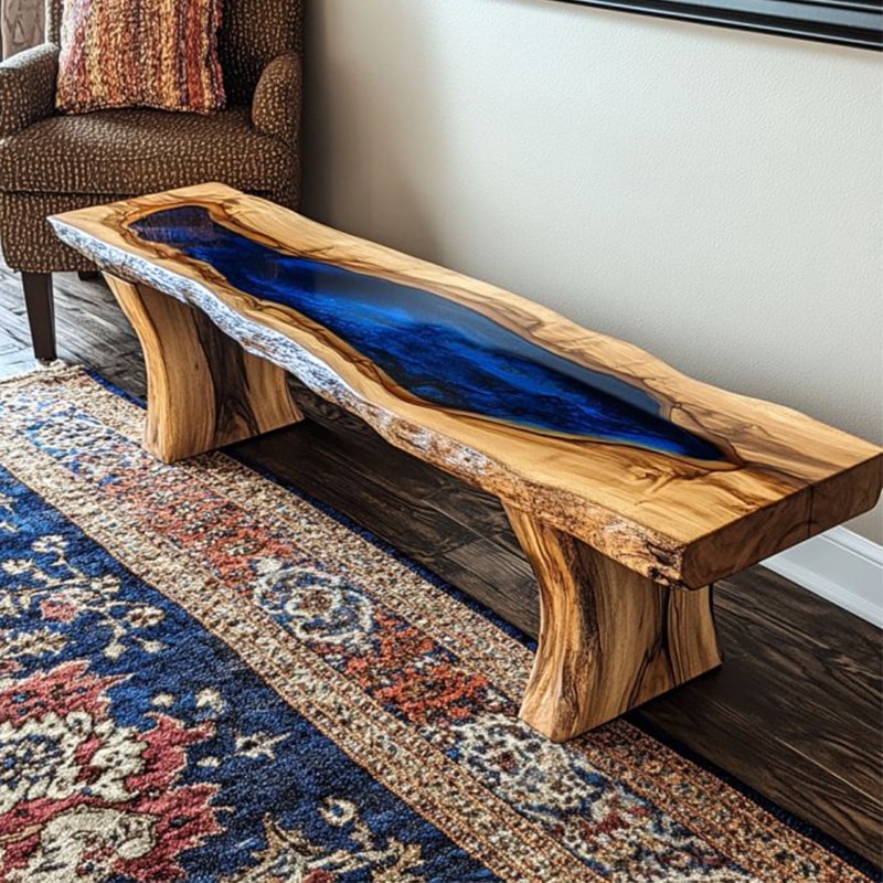 Rectangular Walnut Wood EpoxyOcean Bench