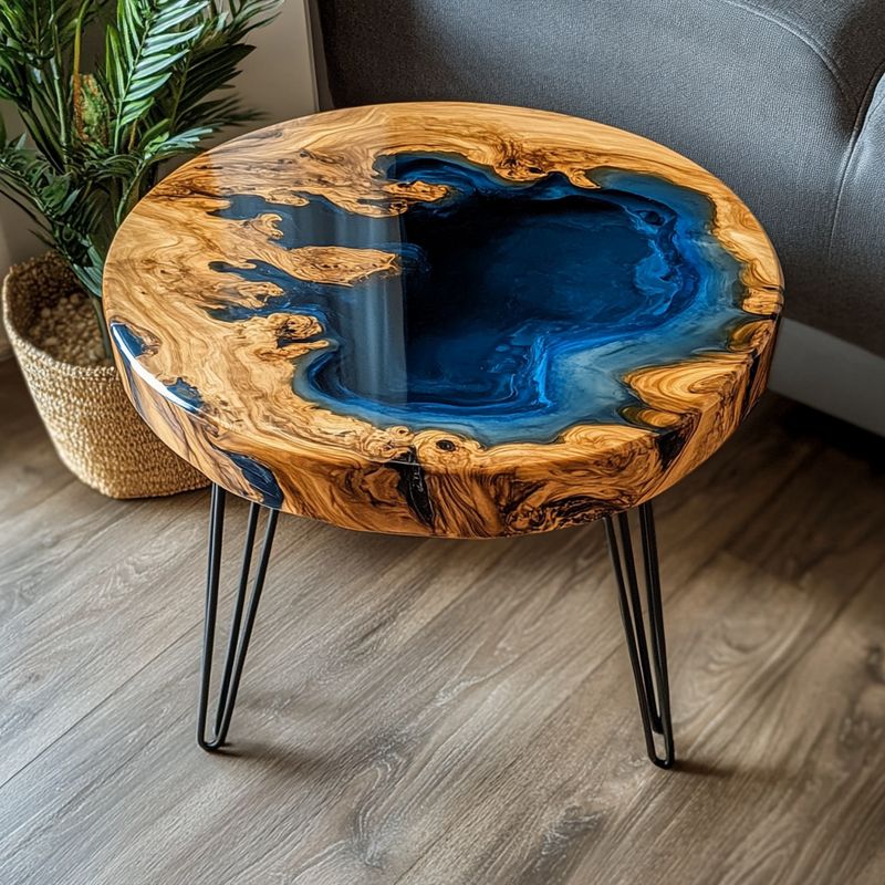 Round Blue Epoxy Wood Coffee Table