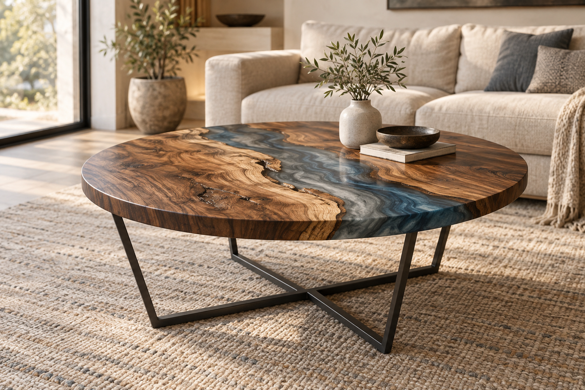 Walnut and smoke-blue epoxy round coffee table in a refined living room