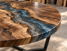 Close-up of walnut grain and smoke-blue epoxy river detail
