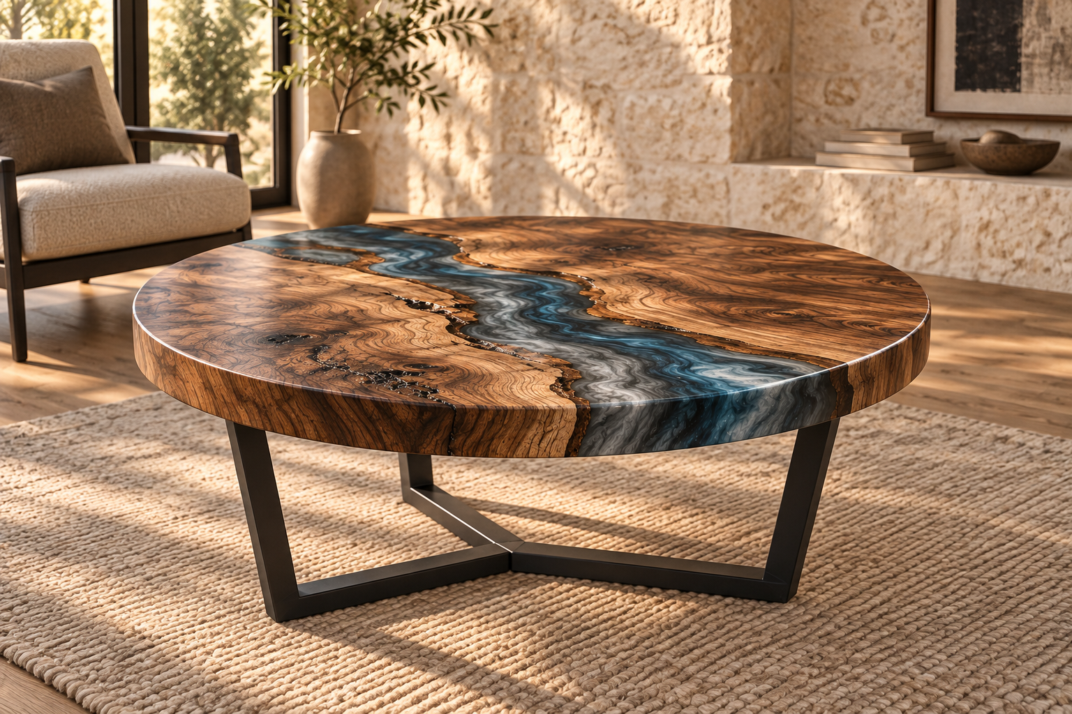 Alternate low-angle view of the walnut and epoxy round coffee table
