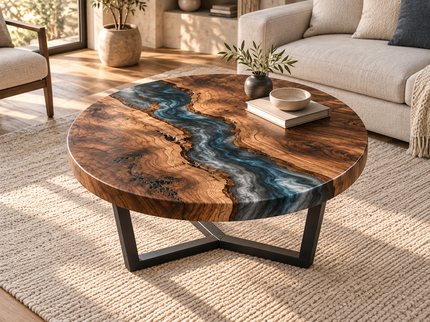 Elevated lifestyle view of the walnut and epoxy coffee table