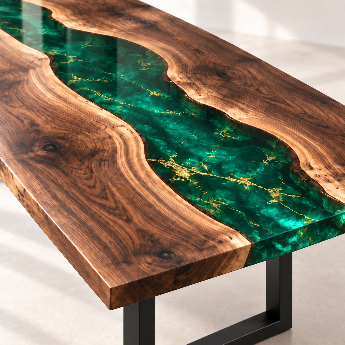 Walnut emerald epoxy dining table MLT-AI-001 tabletop detail