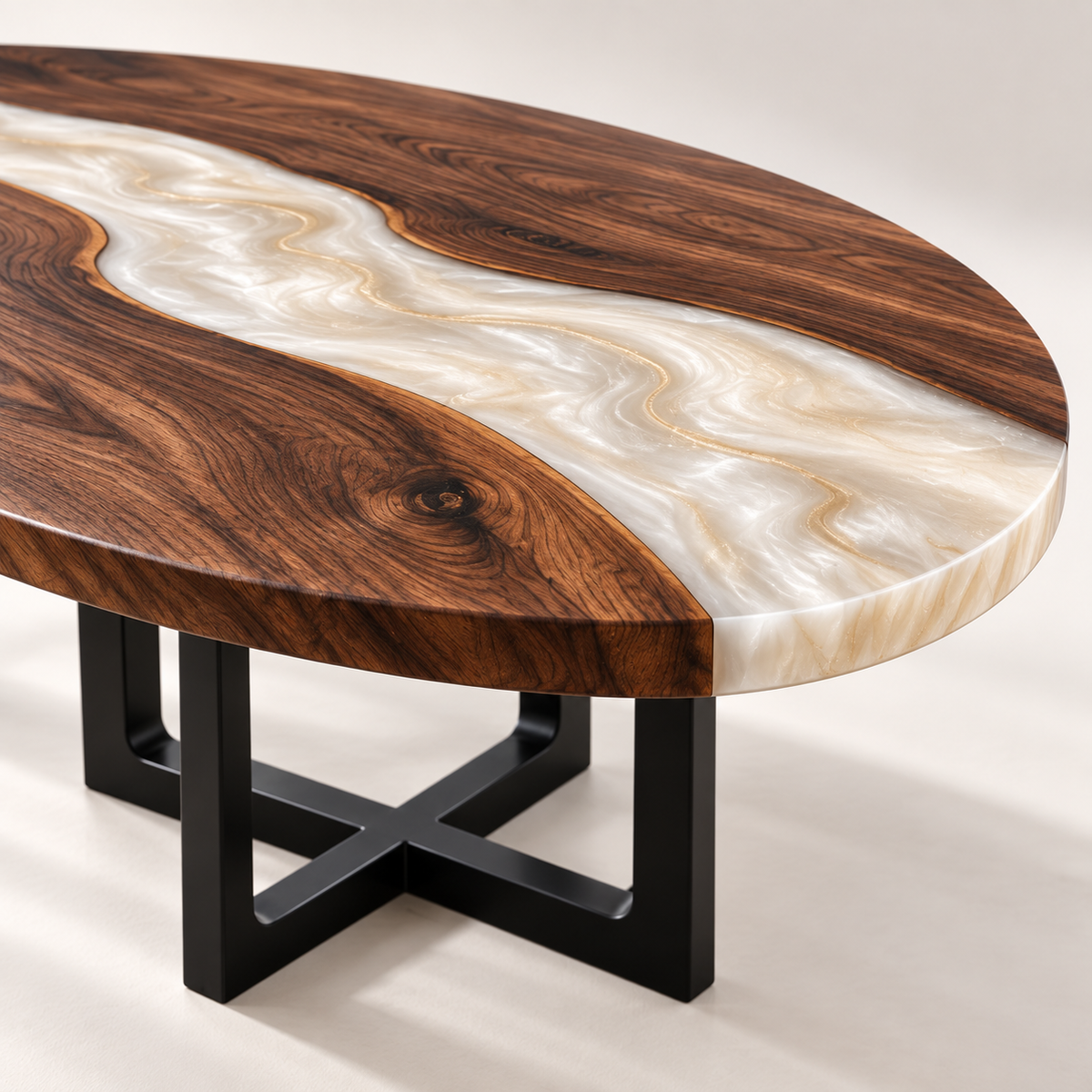 Walnut pearl white epoxy oval conference table MLT-AI-002 tabletop detail