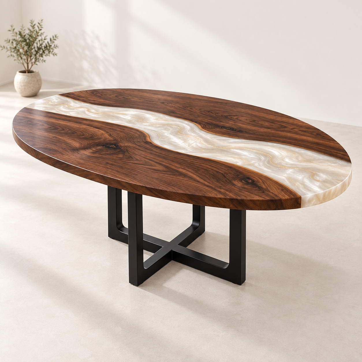 Walnut pearl white epoxy oval conference table MLT-AI-002 studio view