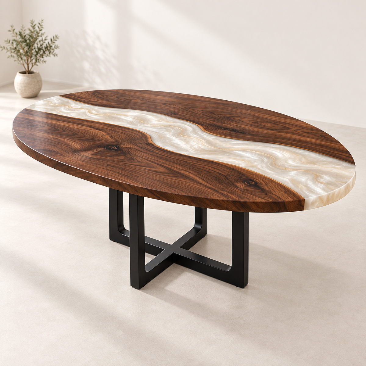 Walnut pearl white epoxy oval conference table MLT-AI-002 studio view