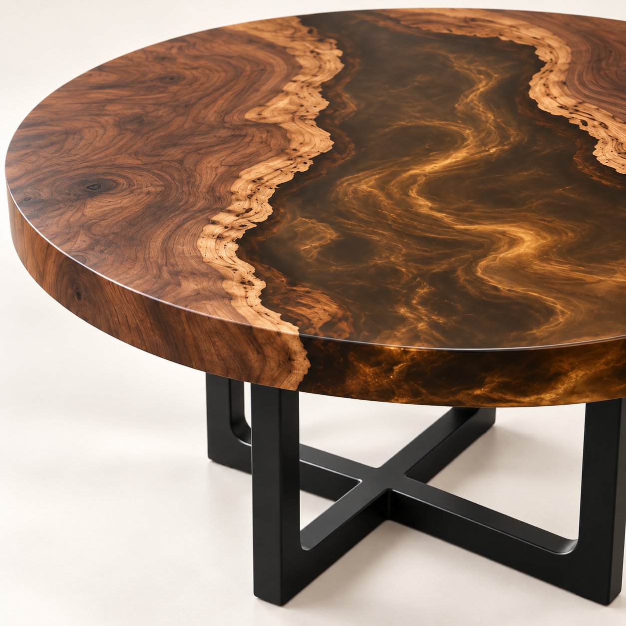 Walnut amber smoke epoxy round coffee table MLTR-AI-001 tabletop detail