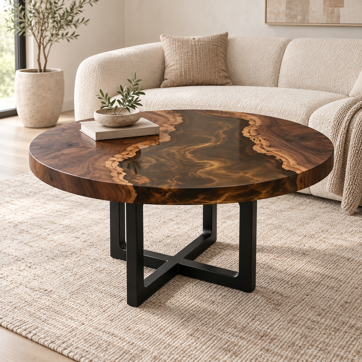 Walnut amber smoke epoxy round coffee table MLTR-AI-001 featured view