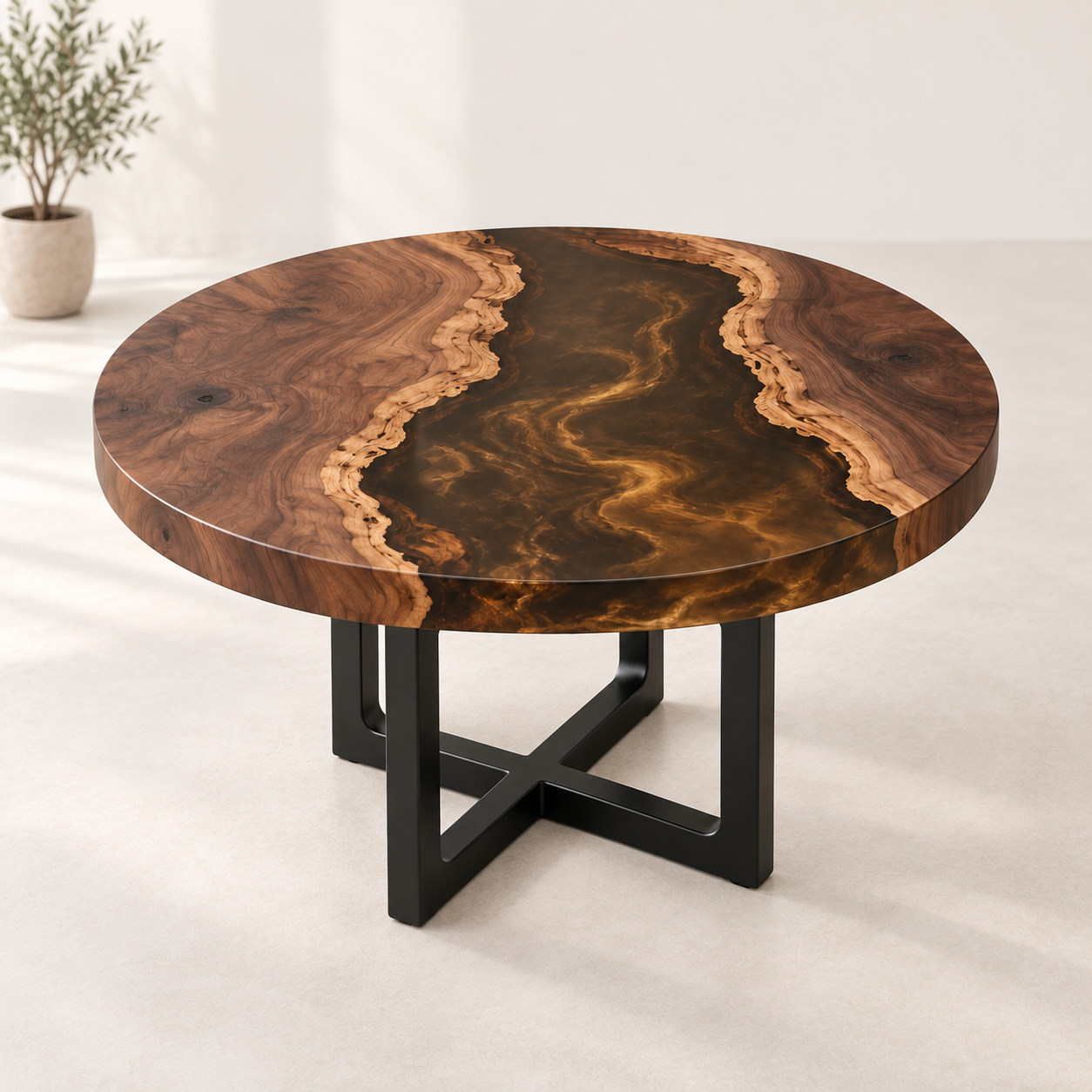 Walnut amber smoke epoxy round coffee table MLTR-AI-001 studio view