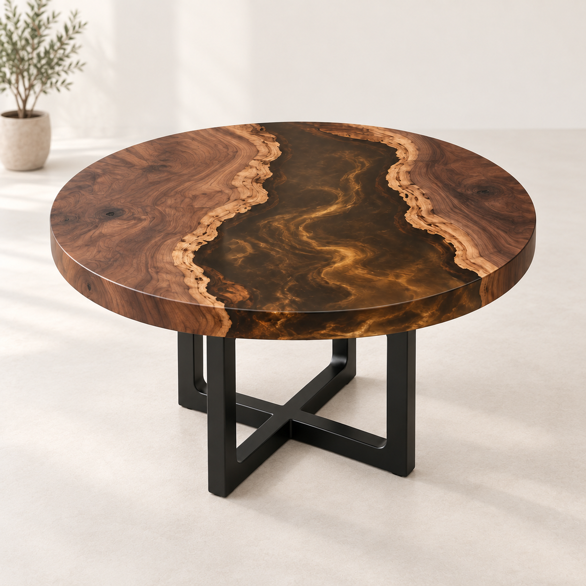 Walnut amber smoke epoxy round coffee table MLTR-AI-001 studio view